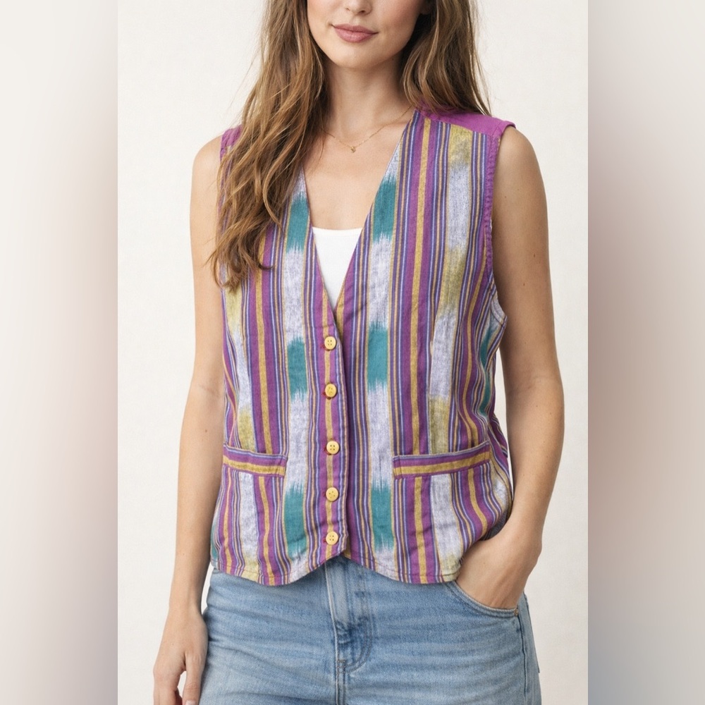 Arizona Jean Company Vest Womens Medium Purple Multi Color Aztec Boho Ikat
